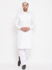 Men's White Cotton Blend Pathani Kurta Set