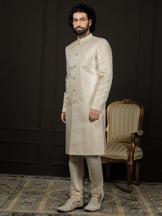 Men's Cream And Gold Silk Blend Sherwani Set