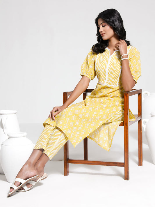 Women's Yellow And White Kurta Set