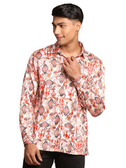 Men's Multicolored-Base-Cream Satin Ethnic Shirt