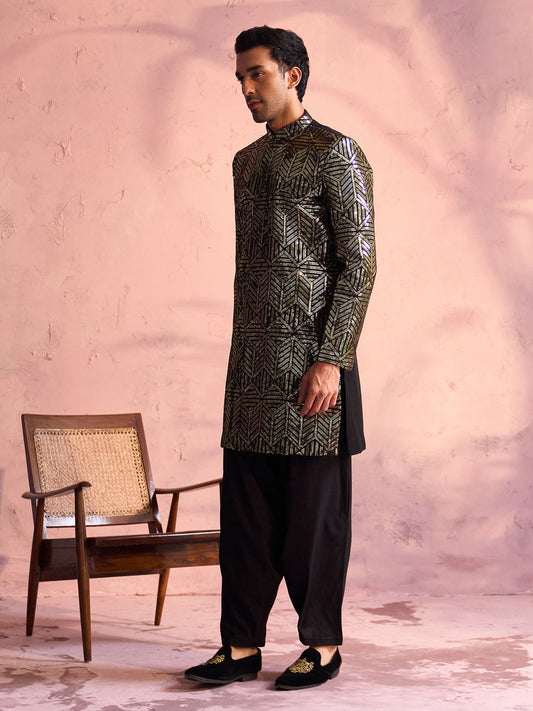 Men's Black Georgette Sherwani Set