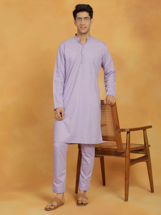 Men's Lavender Cotton Silk Kurta And Pyjama Set