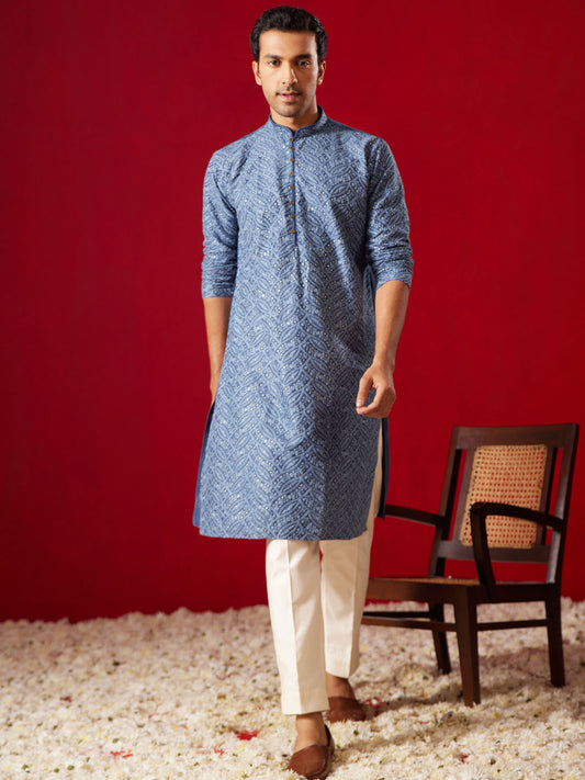 Men's Blue And Cream Rayon Cotton Kurta Pyjama Set