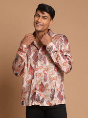 Men's Multicolored-Base-Brown Satin Ethnic Shirt