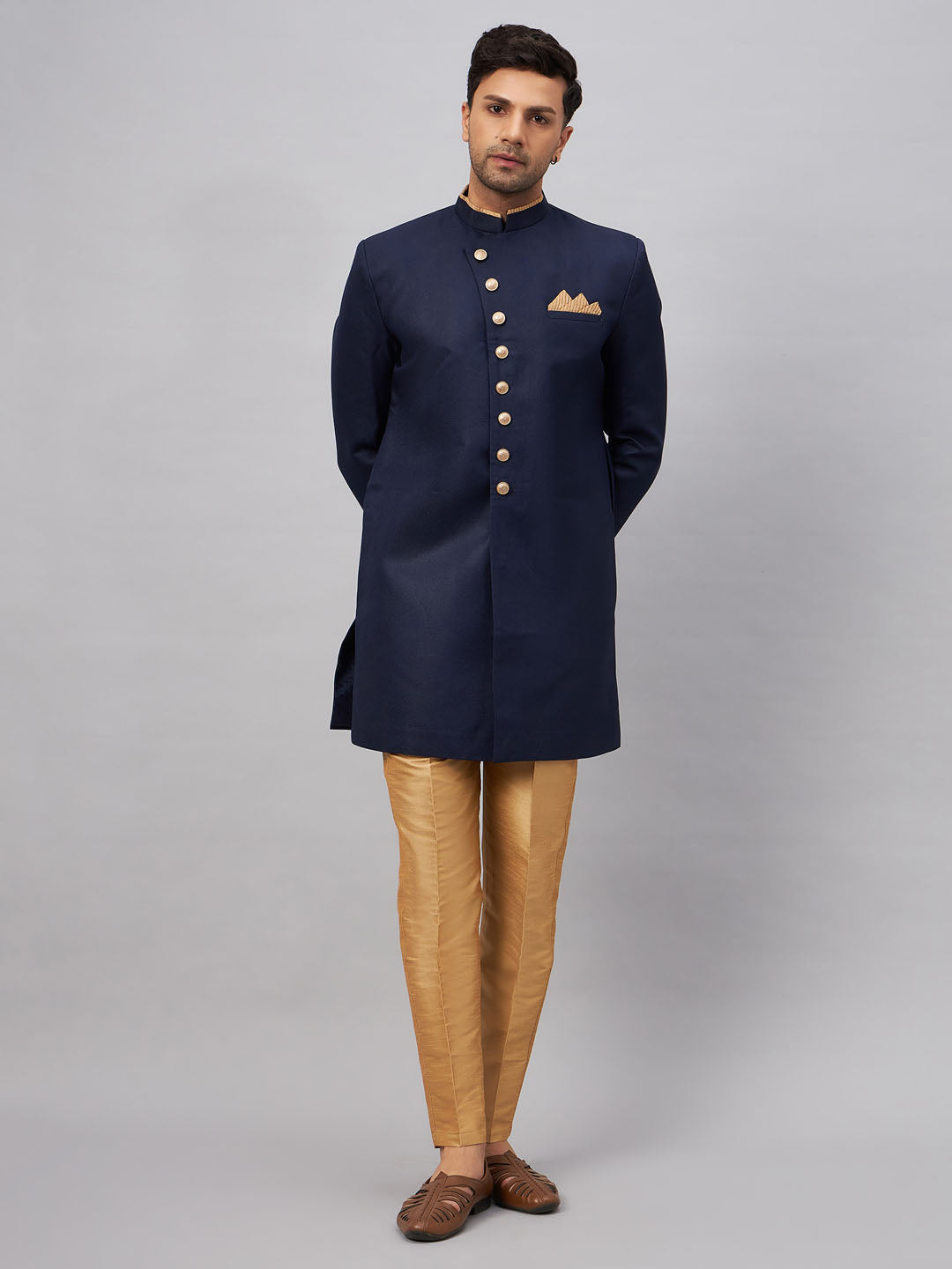 Men's Dark Blue Polyester Lurex Blend Sherwani Only Top