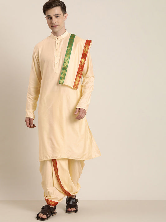 Mens' Gold Cotton Blend Kurta Dhoti And Dupatta