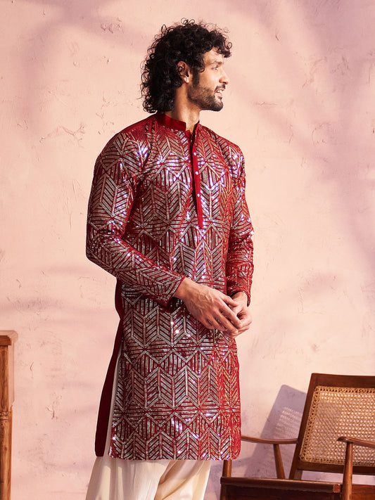 Men's Maroon Georgette Kurta