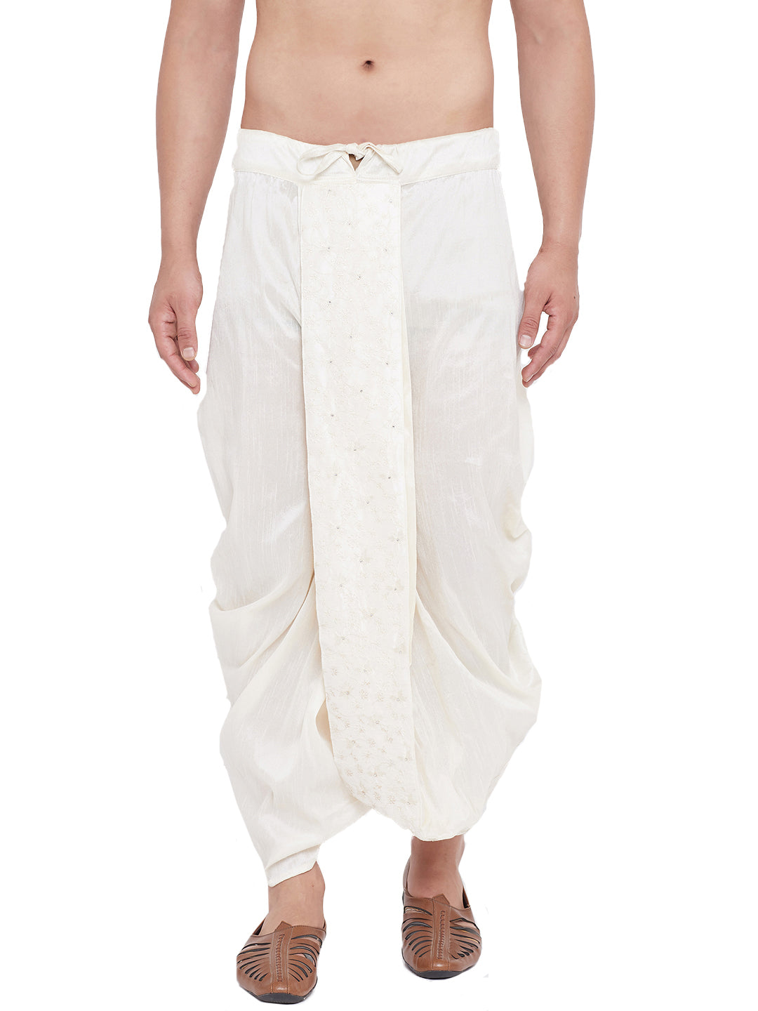 Men's Cream Silk Blend Embroidered Dhoti