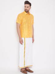 Men's Yellow and White Silk Blend Shirt And Mundu