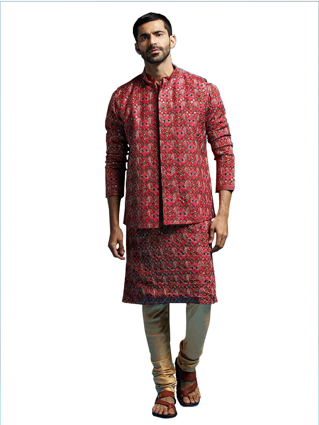 Men's Red Chinon Jacket,Kurta And Pyjama Set.