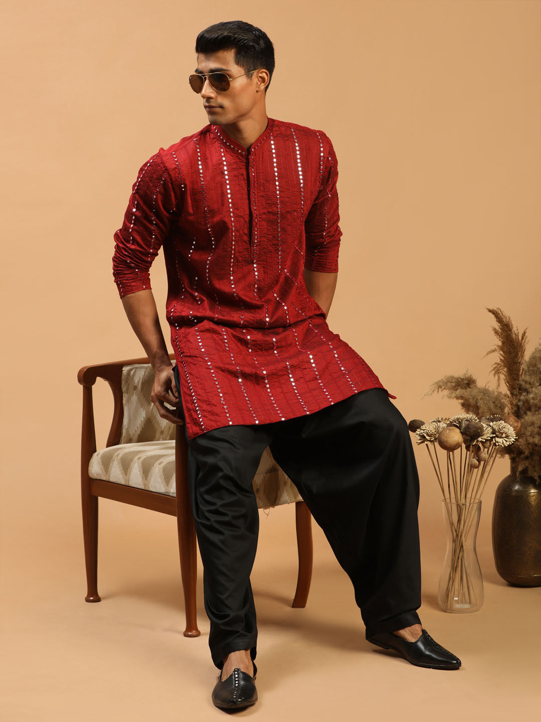 Men's Maroon Viscose Kurta