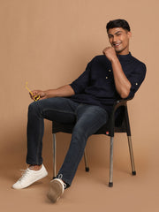 Men's Navy Blue Cotton Blend Short Kurta