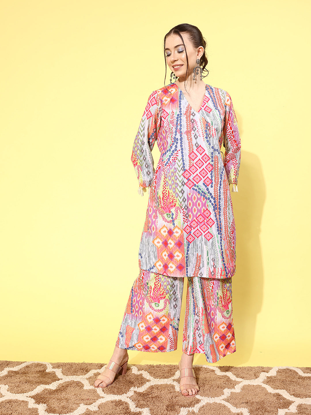 Women Multi Colour Abstract Printed Angrakha Style Kurta Paired With Tonal Printed Bottom