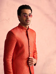 Men's Rose Gold And Red Viscose Jacket, Kurta and Pyjama Set