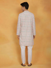 Men's Pink And White Cotton Blend Kurta And Pyjama Set