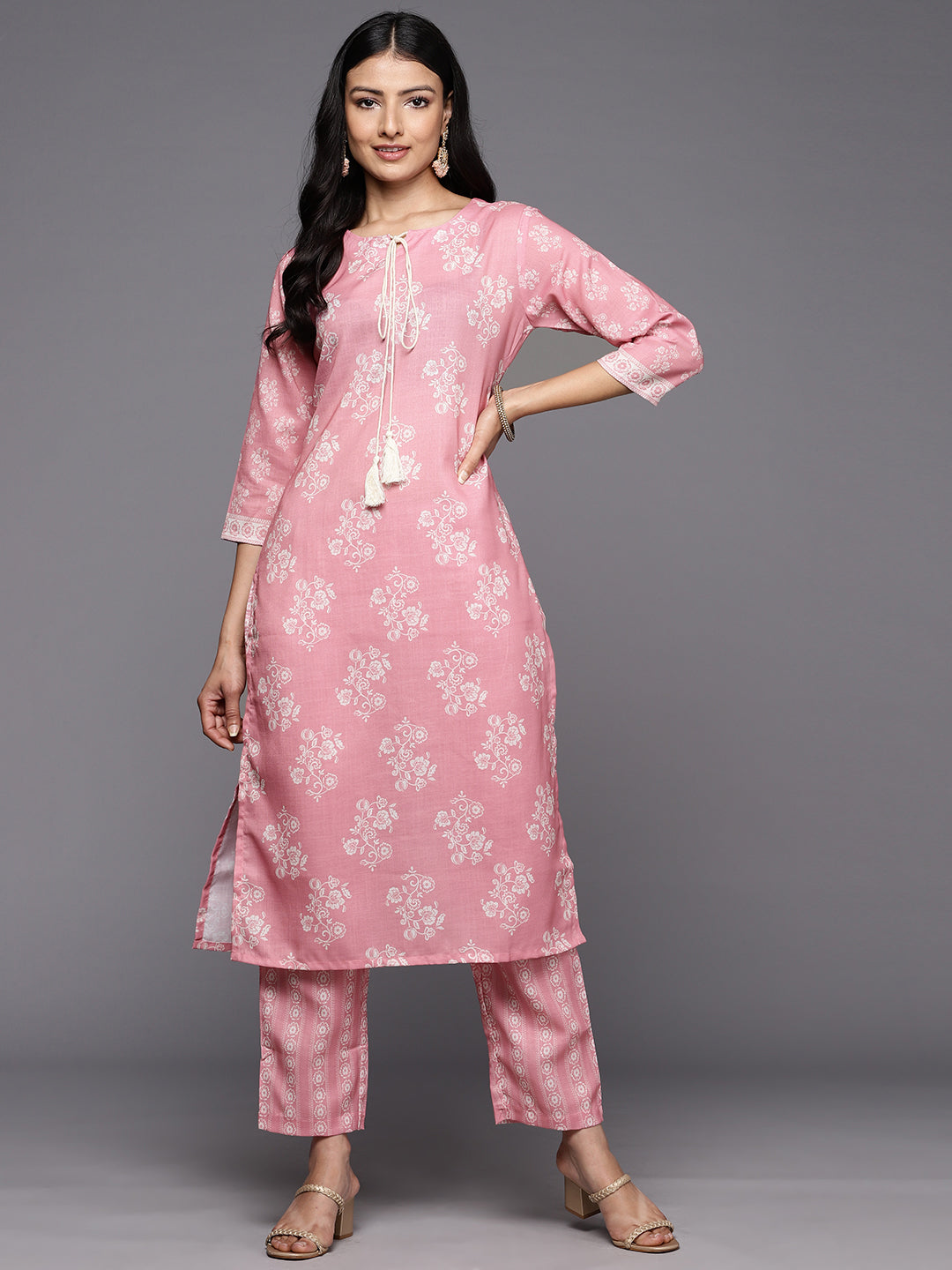 pink digital printed kurta  paired with printed straight trouser