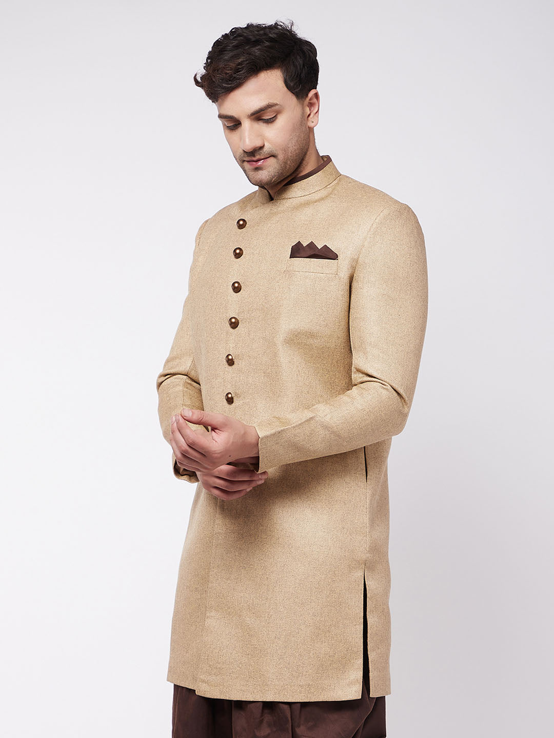 Men's Beige Polyester Lurex Blend Sherwani Only Top