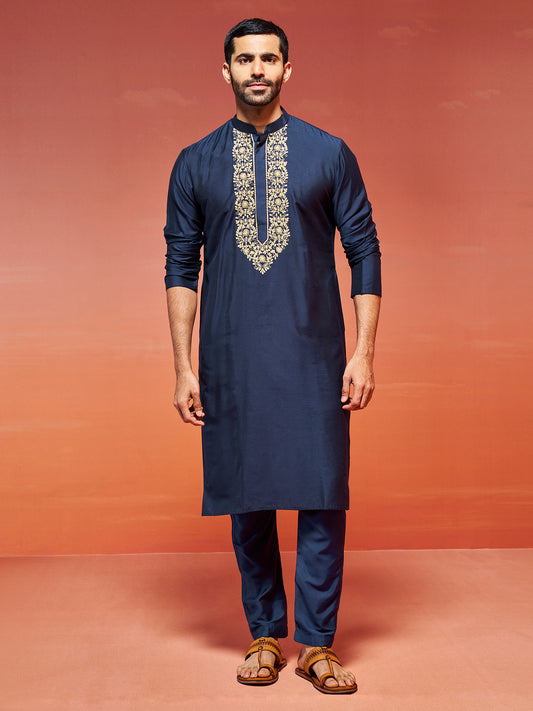 Men's Navy Blue Viscose Kurta And Pyjama Set