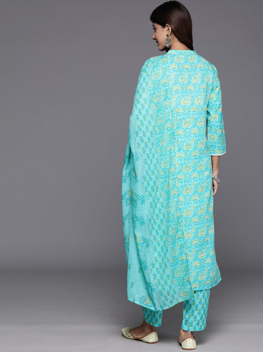 Women Blue Floral Kurta Paired With Bottom & Dupatta