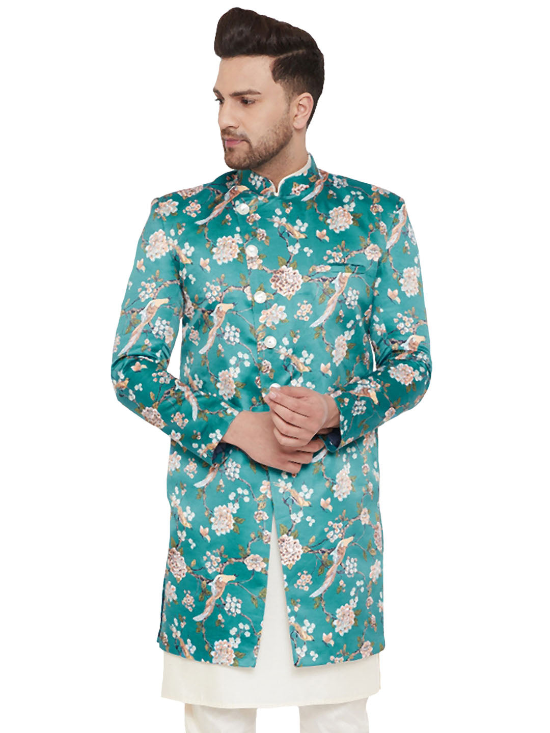 Men's Multicolor Base Blue Silk Blend Sherwani Only Top