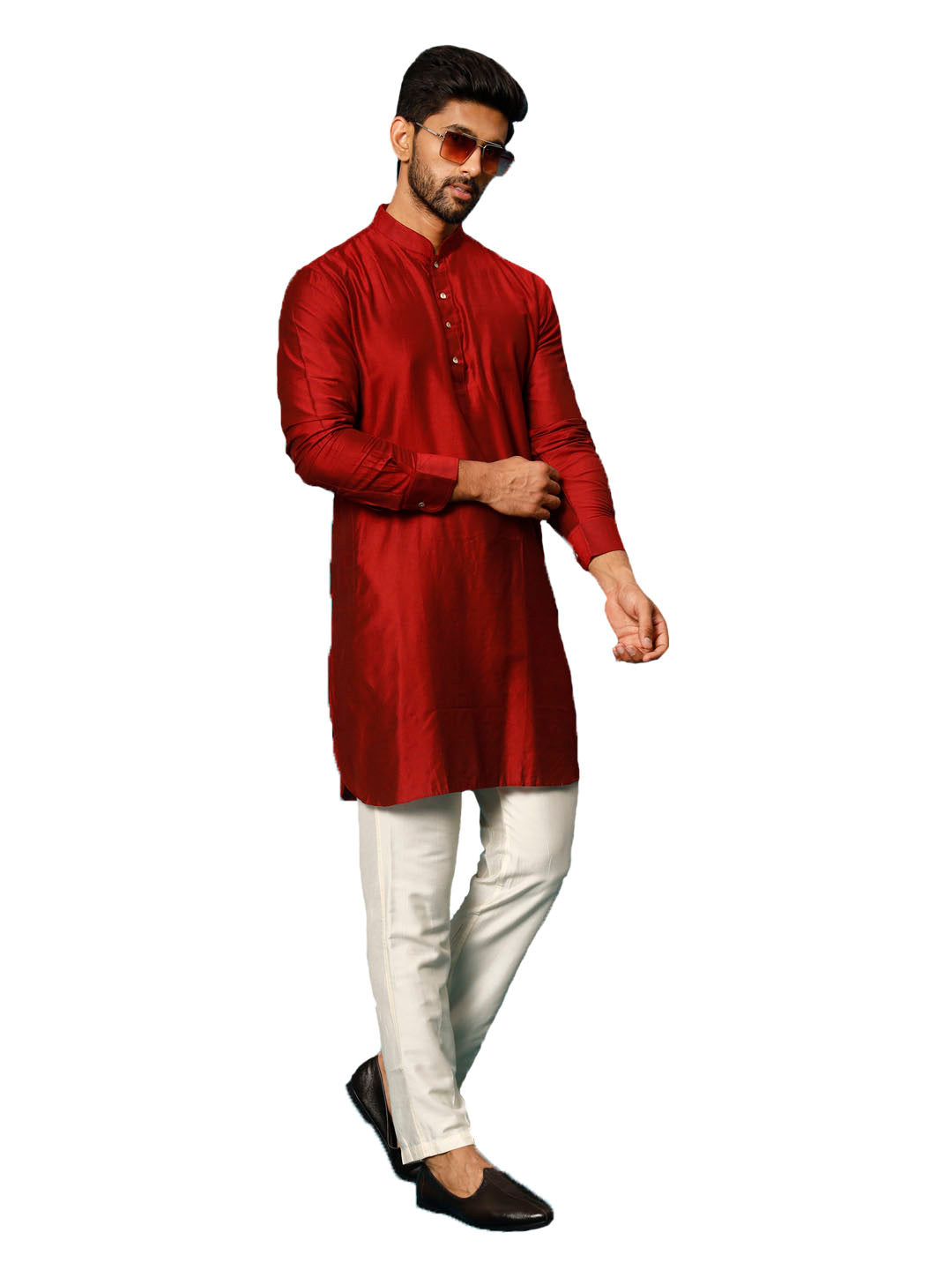 Men's Maroon And Cream Viscose Kurta Pyjama Set