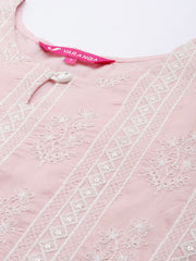 peach and white thread embroidered chanderi kurta paired with straight pant and ombre dupatta