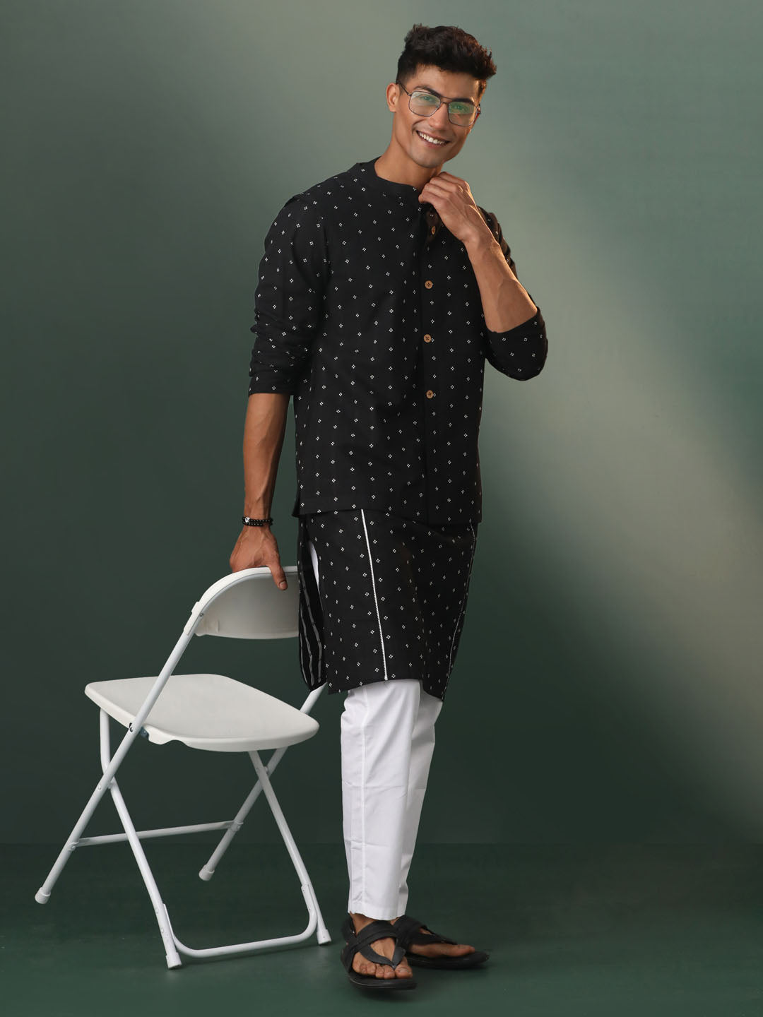 Men's Black And White Cotton Jacket, Kurta and Pyjama Set