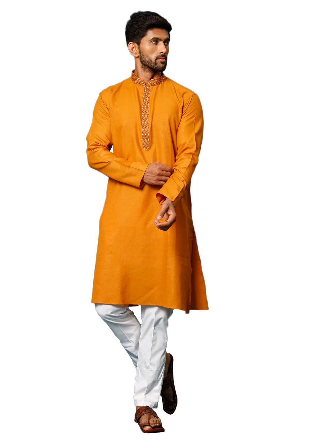 Men's Rust And White Cotton Blend Kurta Pyjama Set