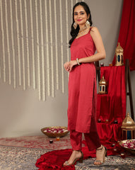 Women Maroon Embroidered Straight Kurta, Round Neck With Side Slits.