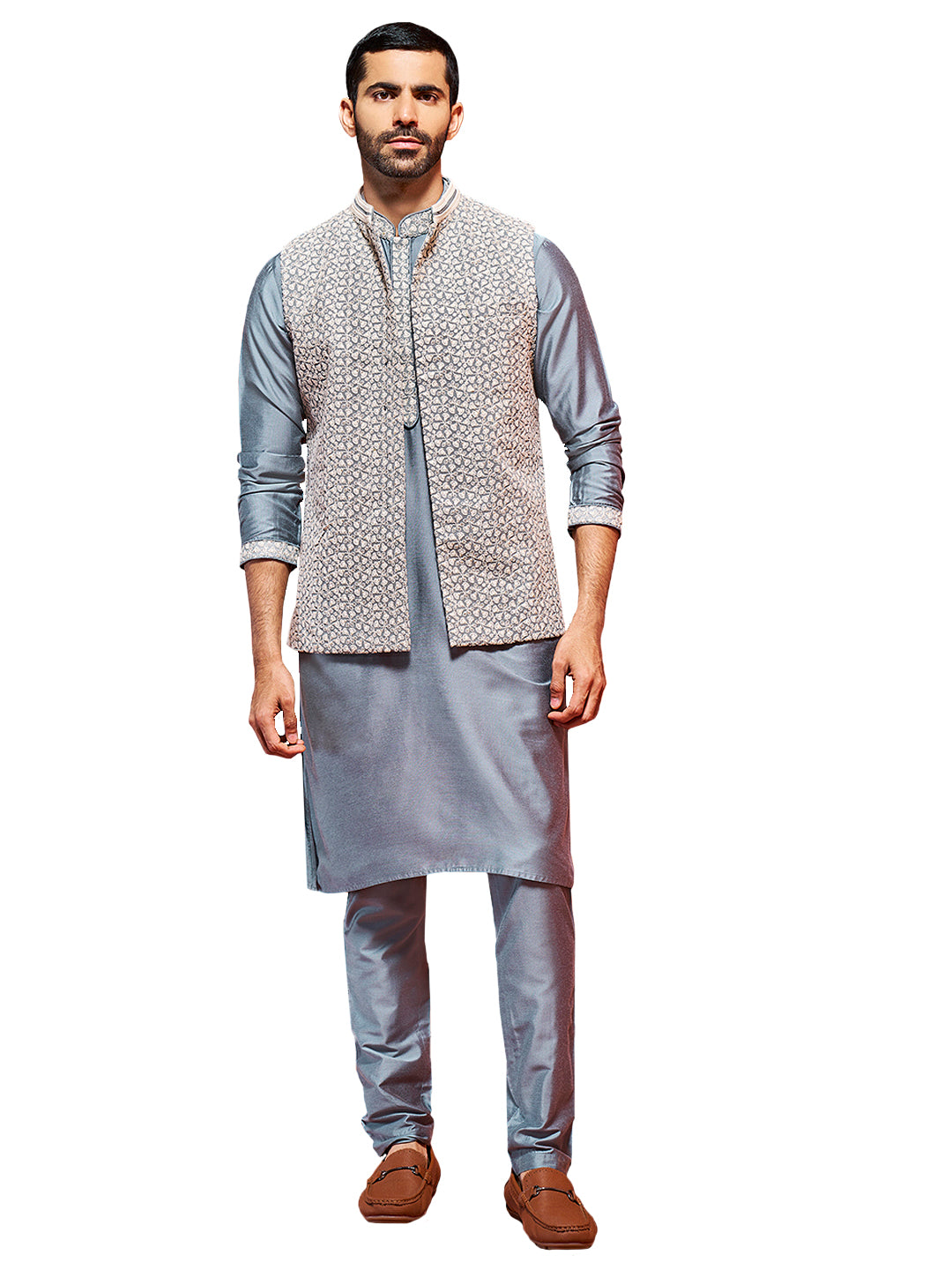 Men's Gray Viscose Jacket,Kurta And Pyjama Set.