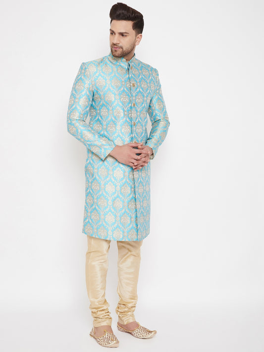 Men's Aqua And Gold Silk Blend Sherwani Set