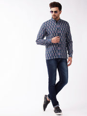 Men's Multicolor-Base-Grey Cotton Blend Ethnic Shirt