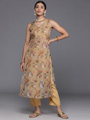 Women Beige Floral Printed V-Neck Sleeveless Straight Kurta Paired With Tonal Bottom