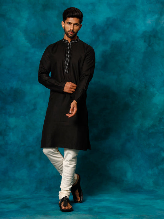 Men's Black And Cream Cotton Blend Kurta Pyjama Set