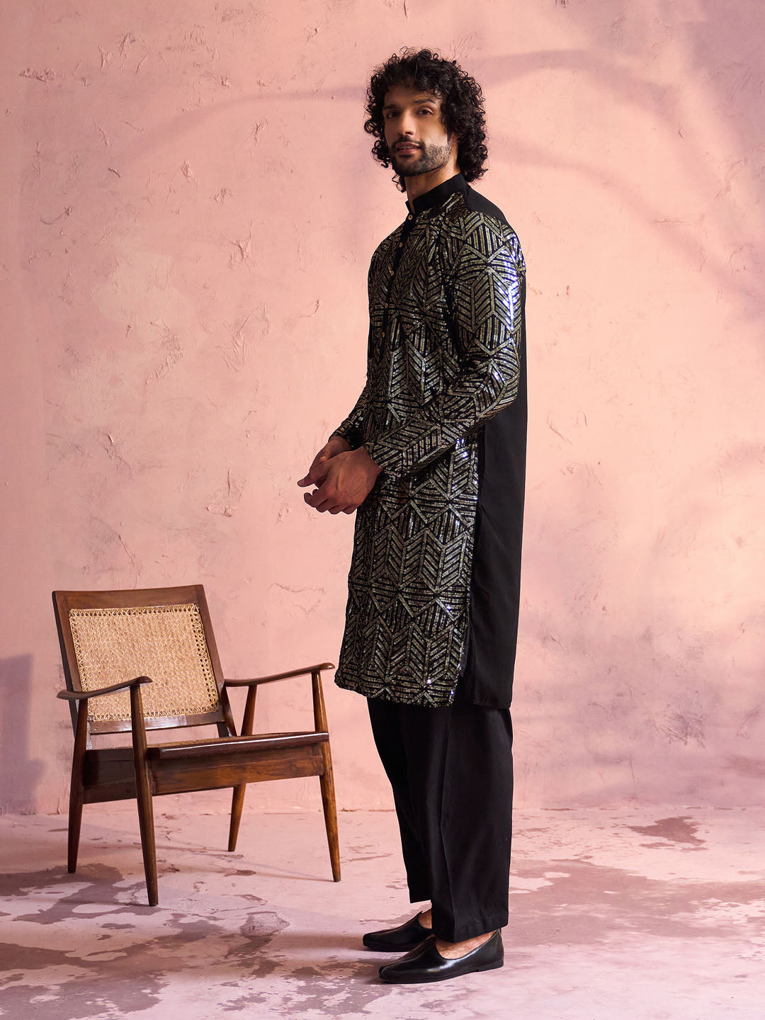 Men's Black Georgette Kurta and Patiala Set