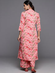 Women Pink Floral Printed Straight Kurta Paired With Tonal Printed Bottom