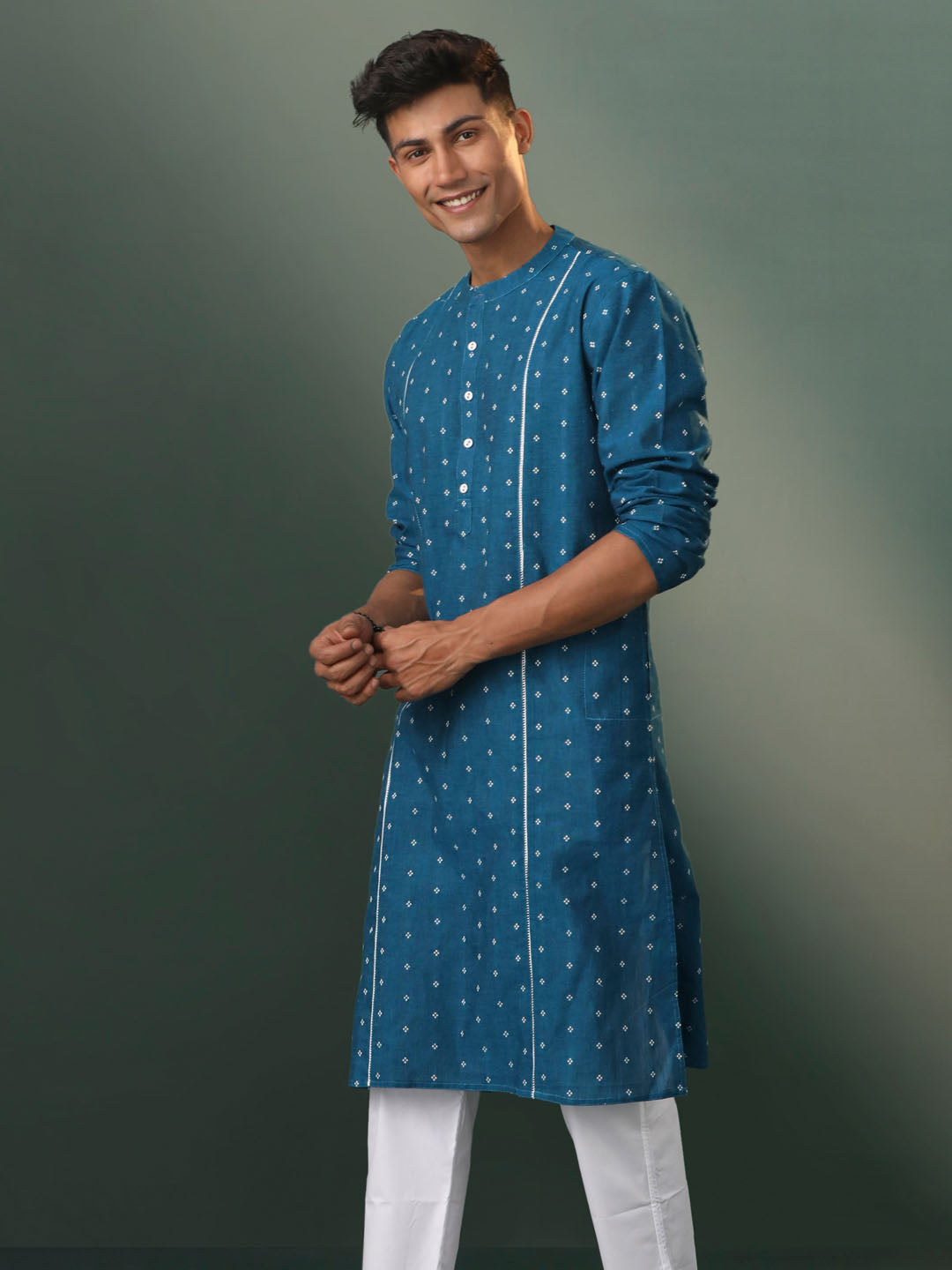 Men's Turquoise Cotton Kurta