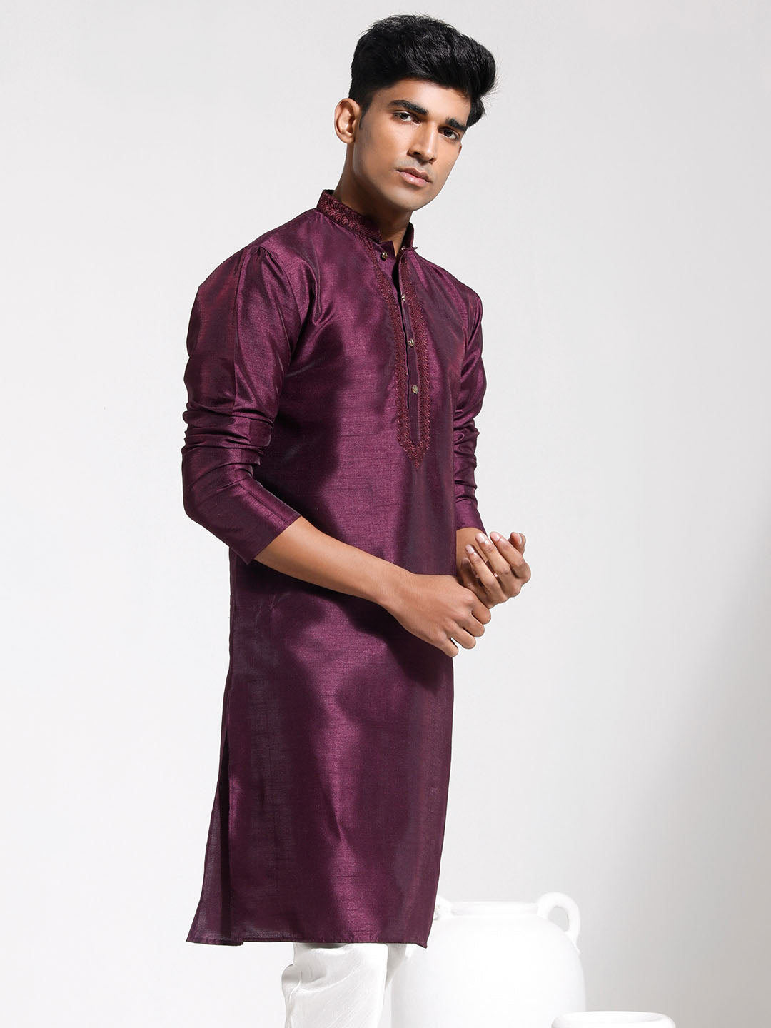 Men's Wine Dupion Silk Kurta