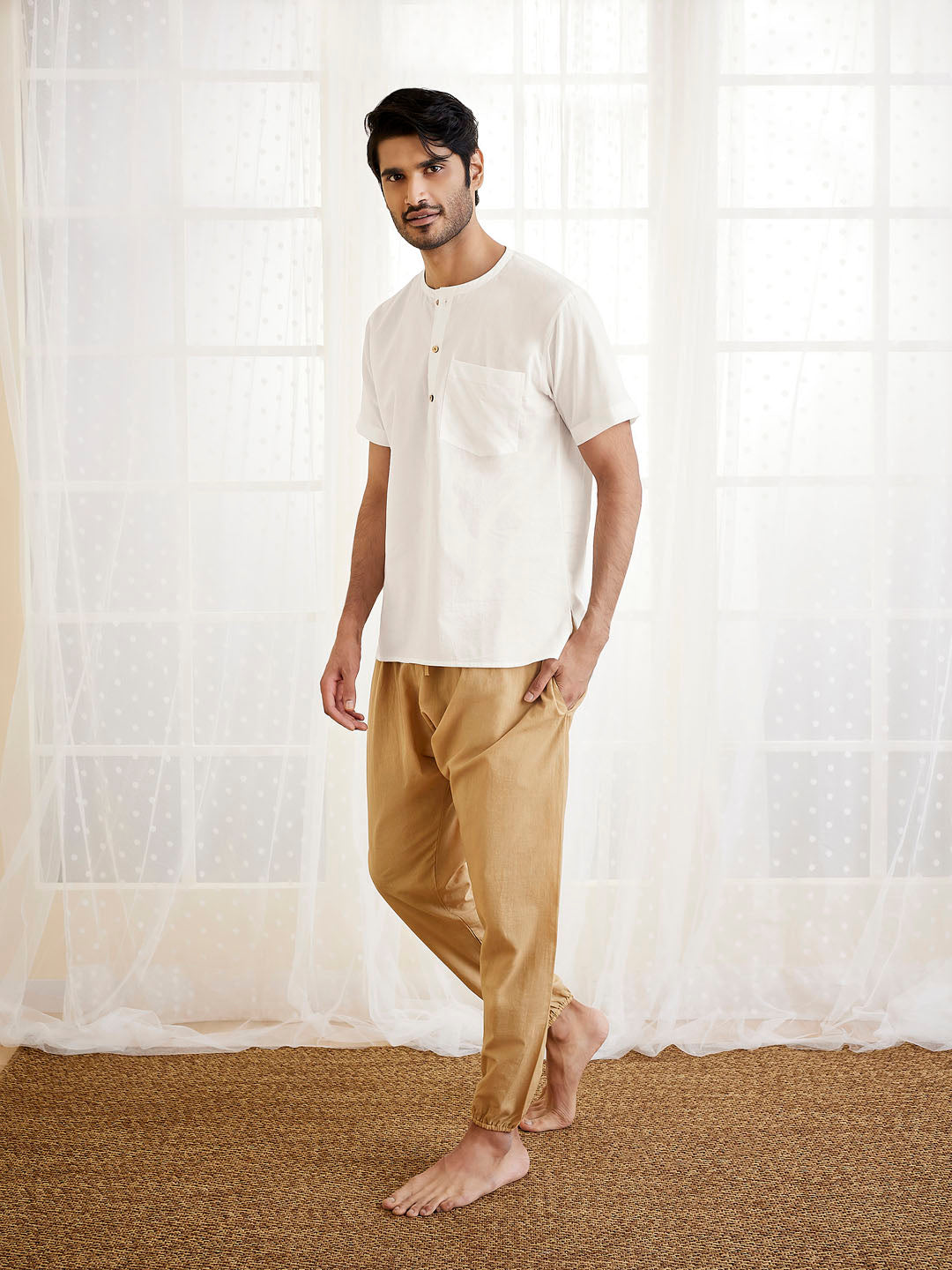 Men's White And Beige Cotton Kurta Pyjama Set