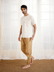 Men's White And Beige Cotton Kurta Pyjama Set