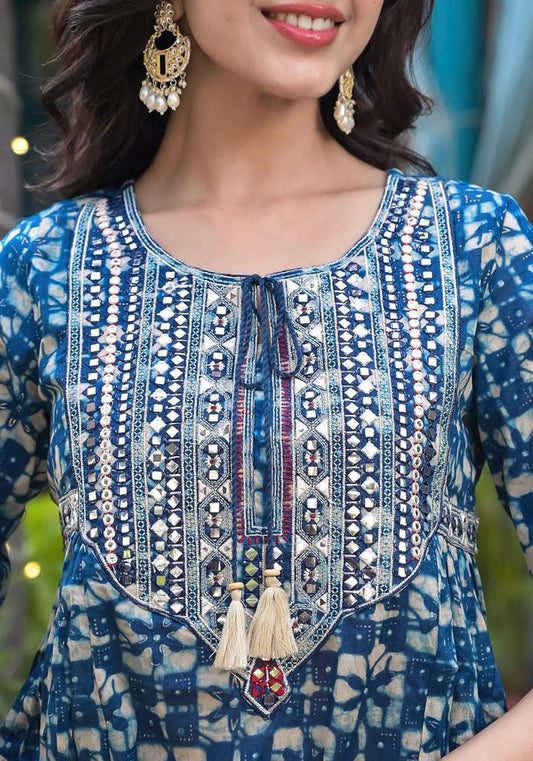 Women Blue Mirror Work Yoke Embroidered A-Line Kurta Paired With Tonal Afghan Bottom And With Dupatta