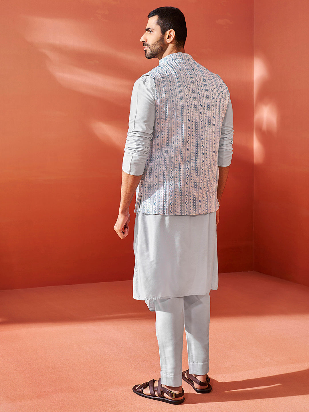 Men's Aqua Viscose Jacket,Kurta And Pyjama Set.