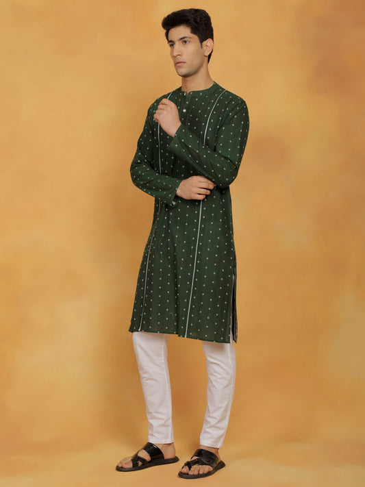 Men's Bottle Green And White Cotton Kurta Pyjama Set