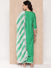 Women Green Zari Embroidered Kurta With Three Quarter Sleeves Paired With Tonal Bottom And Printed Fringes Dupatta