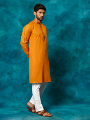 Men's Rust And White Cotton Blend Kurta Pyjama Set