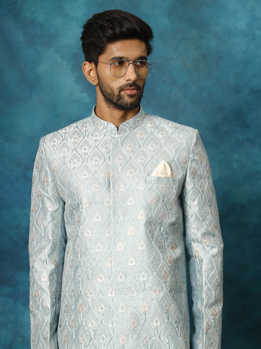 Men's Mint Green And Cream Silk Blend Sherwani Set