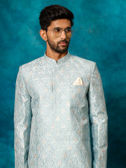 Men's Mint Green And Cream Silk Blend Sherwani Set