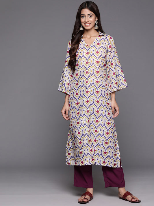 Women Off White Ikat Printed Shirt Collar Straight Kurta  Paired With Violet Solid Bottom.