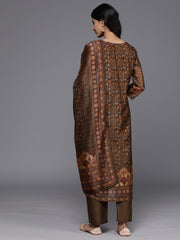 Women Brown Ethnic Motif Placket Embroidered Straight Kurta Paired With Tonal Solid Bottom And Printed Dupatta