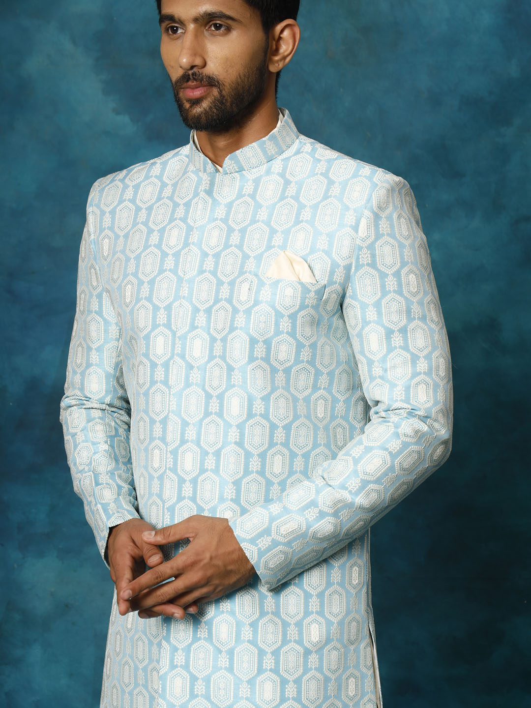 Men's Blue And Cream Viscose Sherwani Set